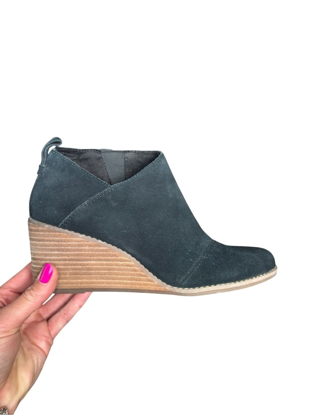TOMS Black Suede Wedge Ankle Booties Women’s 8.5 Boho Chic Minimalist Comfort